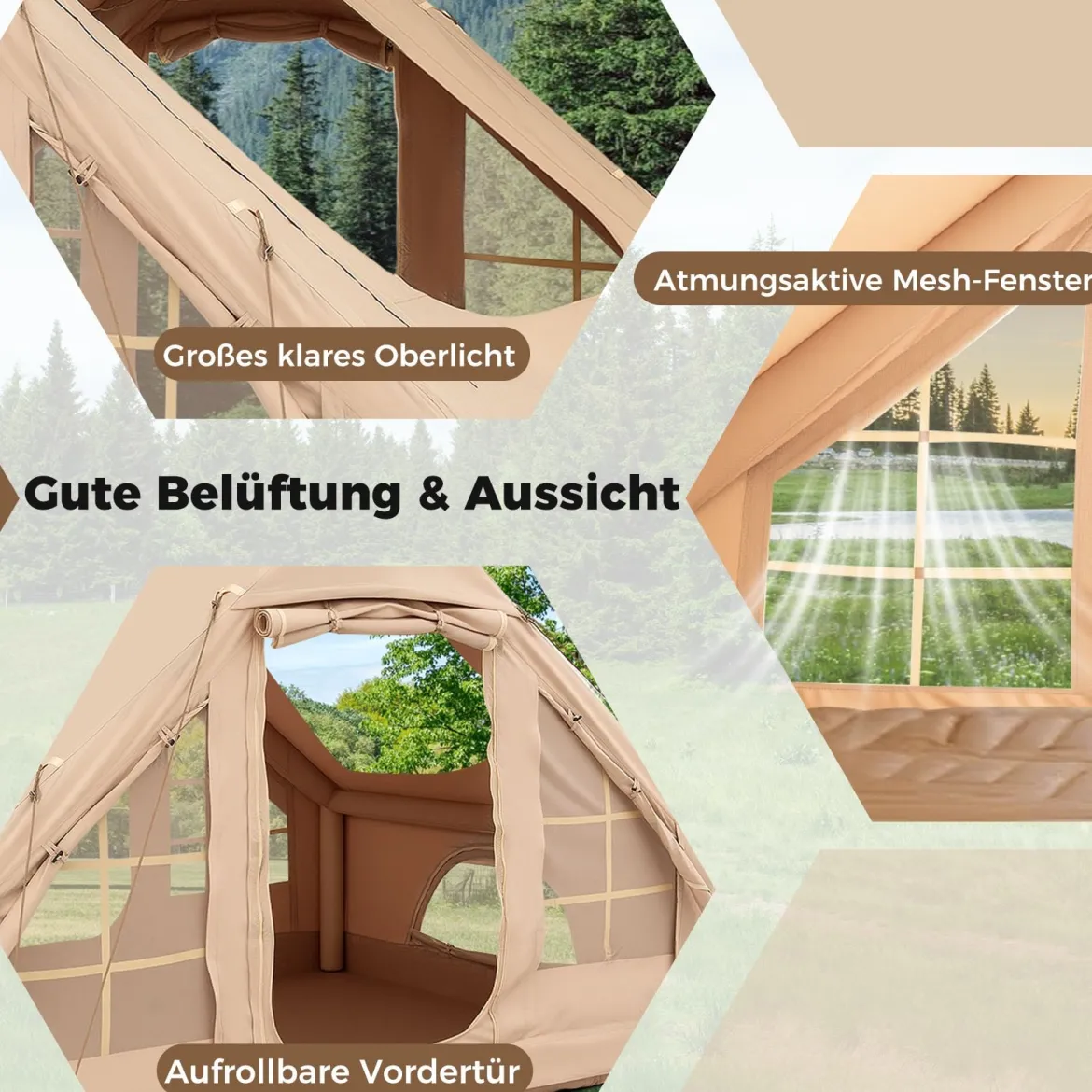 Aufblasbares Zelt für 4-6 Personen großes Campingzelt mit 4 Netz-Fenstern 2 Türen Beige