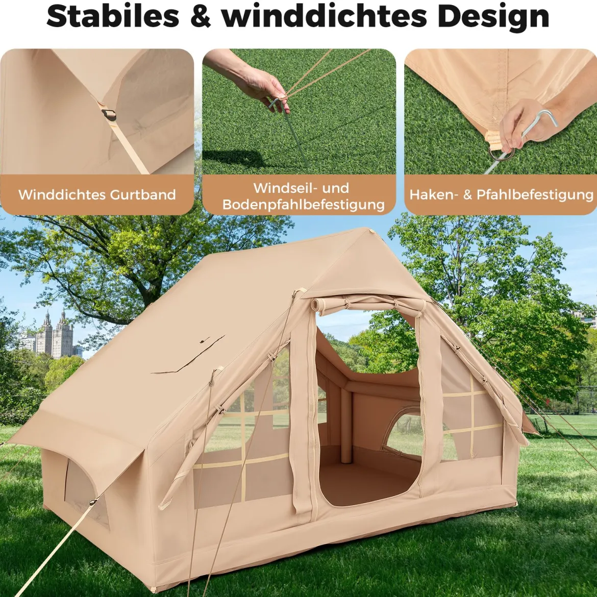 Aufblasbares Zelt für 4-6 Personen großes Campingzelt mit 4 Netz-Fenstern 2 Türen Beige