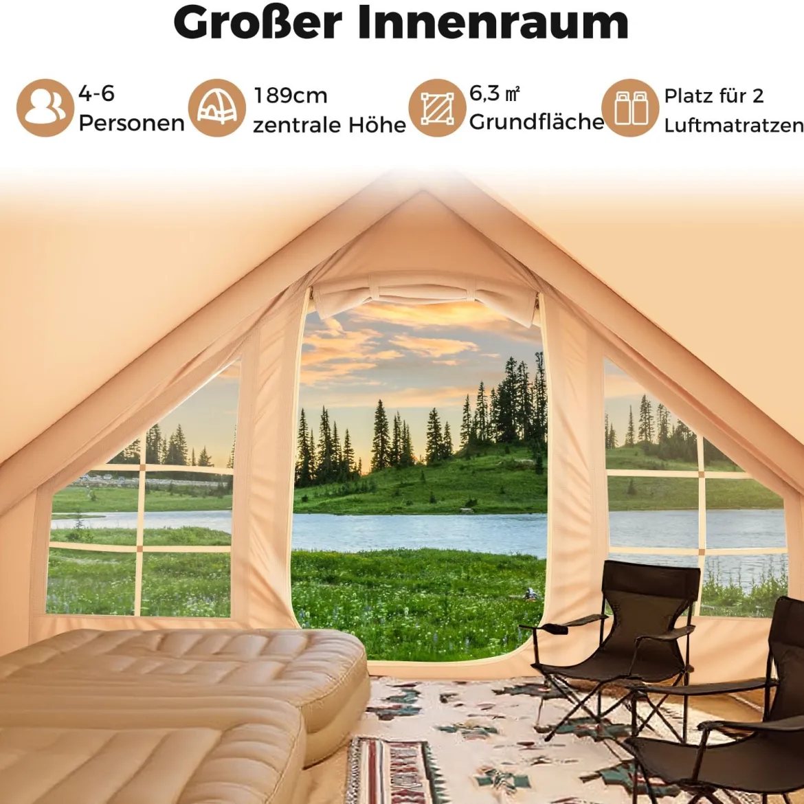 Aufblasbares Zelt für 4-6 Personen großes Campingzelt mit 4 Netz-Fenstern 2 Türen Beige