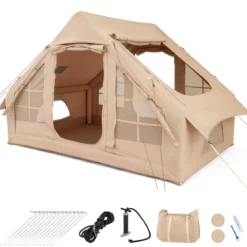Aufblasbares Zelt für 4-6 Personen großes Campingzelt mit 4 Netz-Fenstern 2 Türen Beige