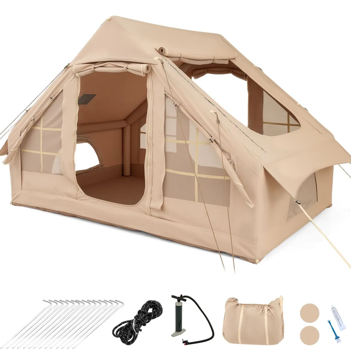 Aufblasbares Zelt für 4-6 Personen großes Campingzelt mit 4 Netz-Fenstern 2 Türen Beige