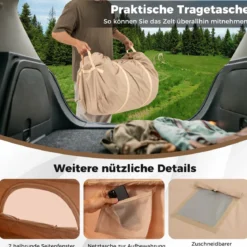 Aufblasbares Zelt für 4-6 Personen großes Campingzelt mit 4 Netz-Fenstern 2 Türen Beige