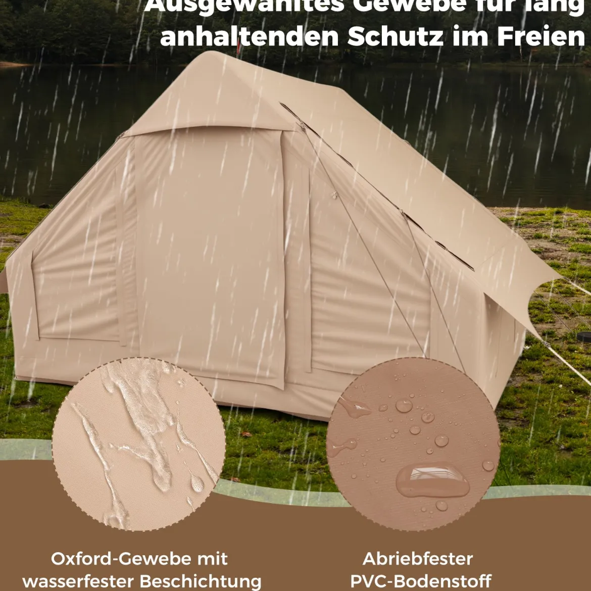 Aufblasbares Zelt für 4-6 Personen großes Campingzelt mit 4 Netz-Fenstern 2 Türen Beige