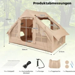Aufblasbares Zelt für 4-6 Personen großes Campingzelt mit 4 Netz-Fenstern 2 Türen Beige