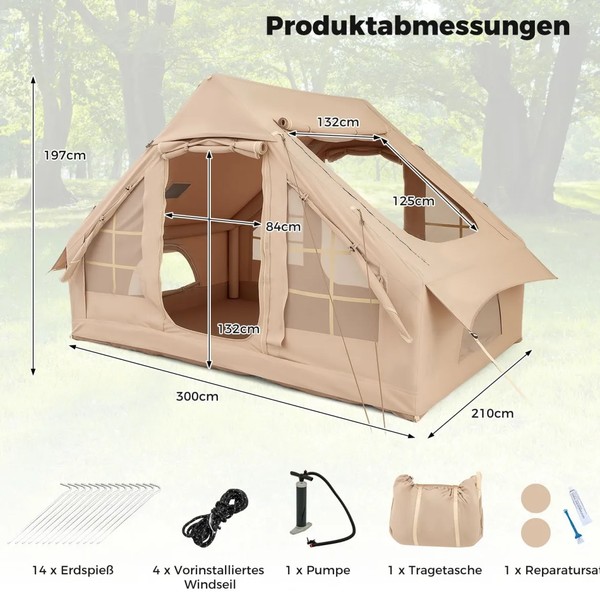 Aufblasbares Zelt für 4-6 Personen großes Campingzelt mit 4 Netz-Fenstern 2 Türen Beige