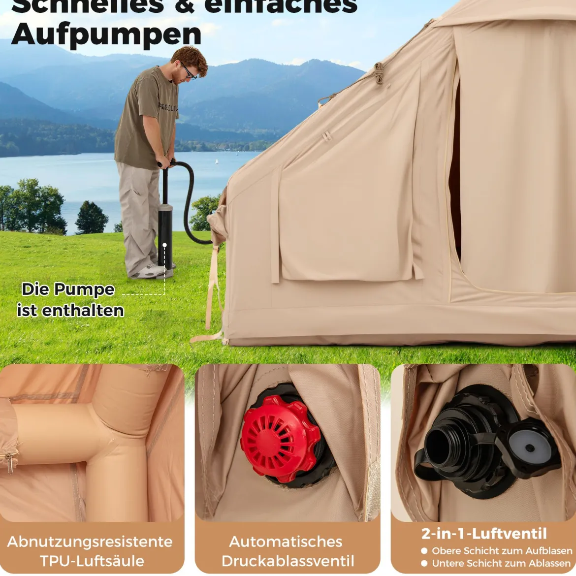 Aufblasbares Zelt für 4-6 Personen großes Campingzelt mit 4 Netz-Fenstern 2 Türen Beige
