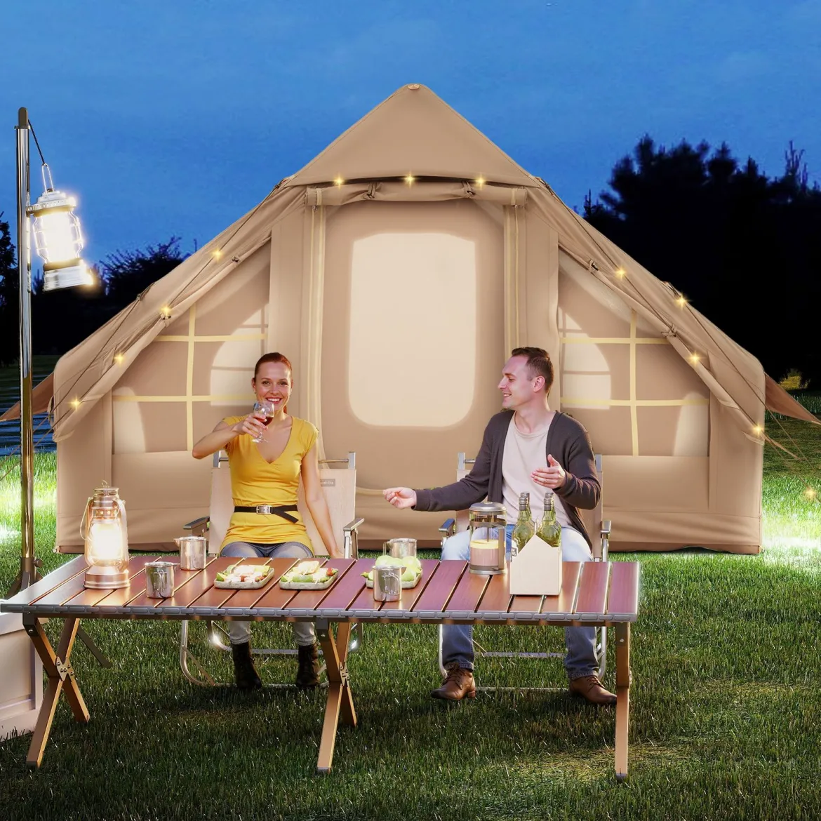 Aufblasbares Zelt für 4-6 Personen großes Campingzelt mit 4 Netz-Fenstern 2 Türen Beige
