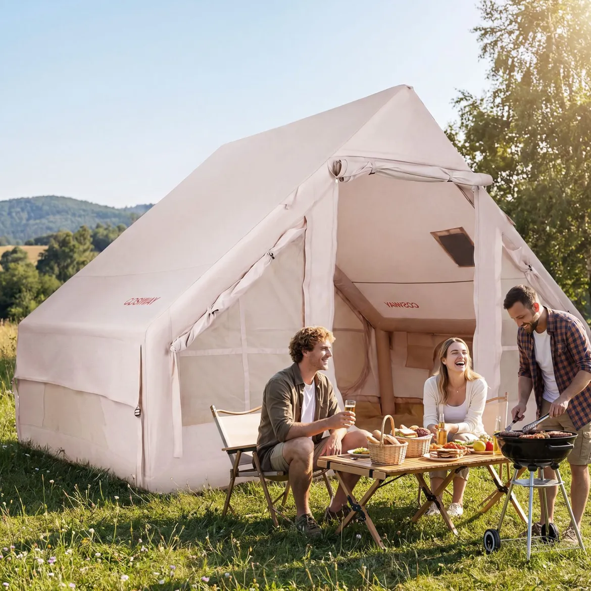 Aufblasbares Zelt mit Luftpumpe für 4 Personen Campingzelt mit 2 Türen Mesh-Fenstern & Kaminöffnung