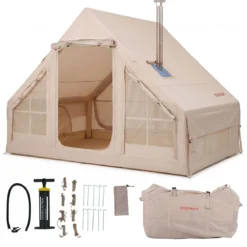Aufblasbares Zelt mit Luftpumpe für 4 Personen Campingzelt mit 2 Türen Mesh-Fenstern & Kaminöffnung
