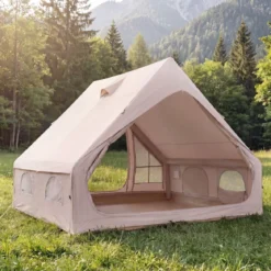 Aufblasbares Zelt mit Luftpumpe für 4 Personen Campingzelt mit 2 Türen Mesh-Fenstern & Kaminöffnung