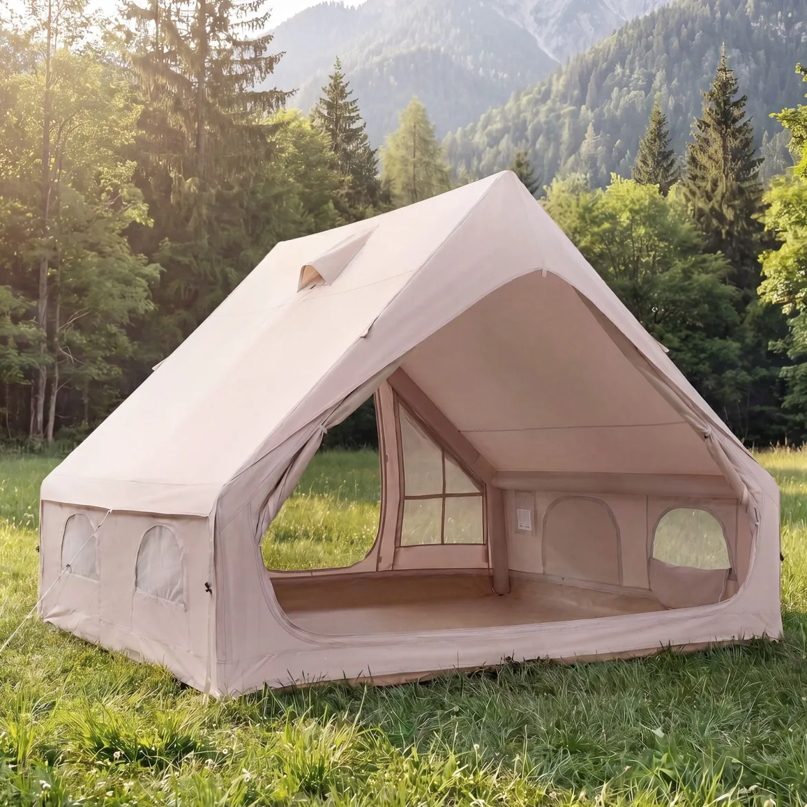 Aufblasbares Zelt mit Luftpumpe für 4 Personen Campingzelt mit 2 Türen Mesh-Fenstern & Kaminöffnung