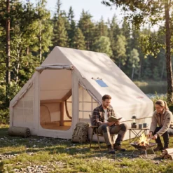 Aufblasbares Zelt mit Luftpumpe für 4 Personen Campingzelt mit 2 Türen Mesh-Fenstern & Kaminöffnung