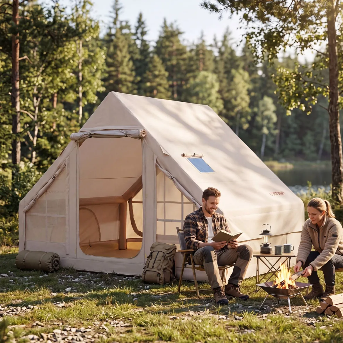 Aufblasbares Zelt mit Luftpumpe für 4 Personen Campingzelt mit 2 Türen Mesh-Fenstern & Kaminöffnung