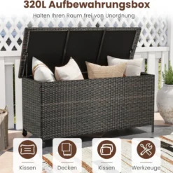 Auflagenbox mit Rollen & 320 L Kapazität Wasserdichte Polyrattan Kissenbox Braun