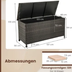 Auflagenbox mit Rollen & 320 L Kapazität Wasserdichte Polyrattan Kissenbox Braun