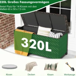 Auflagenbox mit Rollen & 320 L Kapazität Wasserdichte Kissenbox Polyrattan Aufbewahrungsbox
