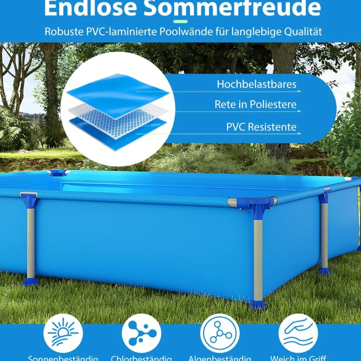 Aufstellpool Rechteckiger Outdoor-Pool für Kinder ab 3 Jahren mit Metallrahmen für Hof 228 M x 159 M x 42 CM
