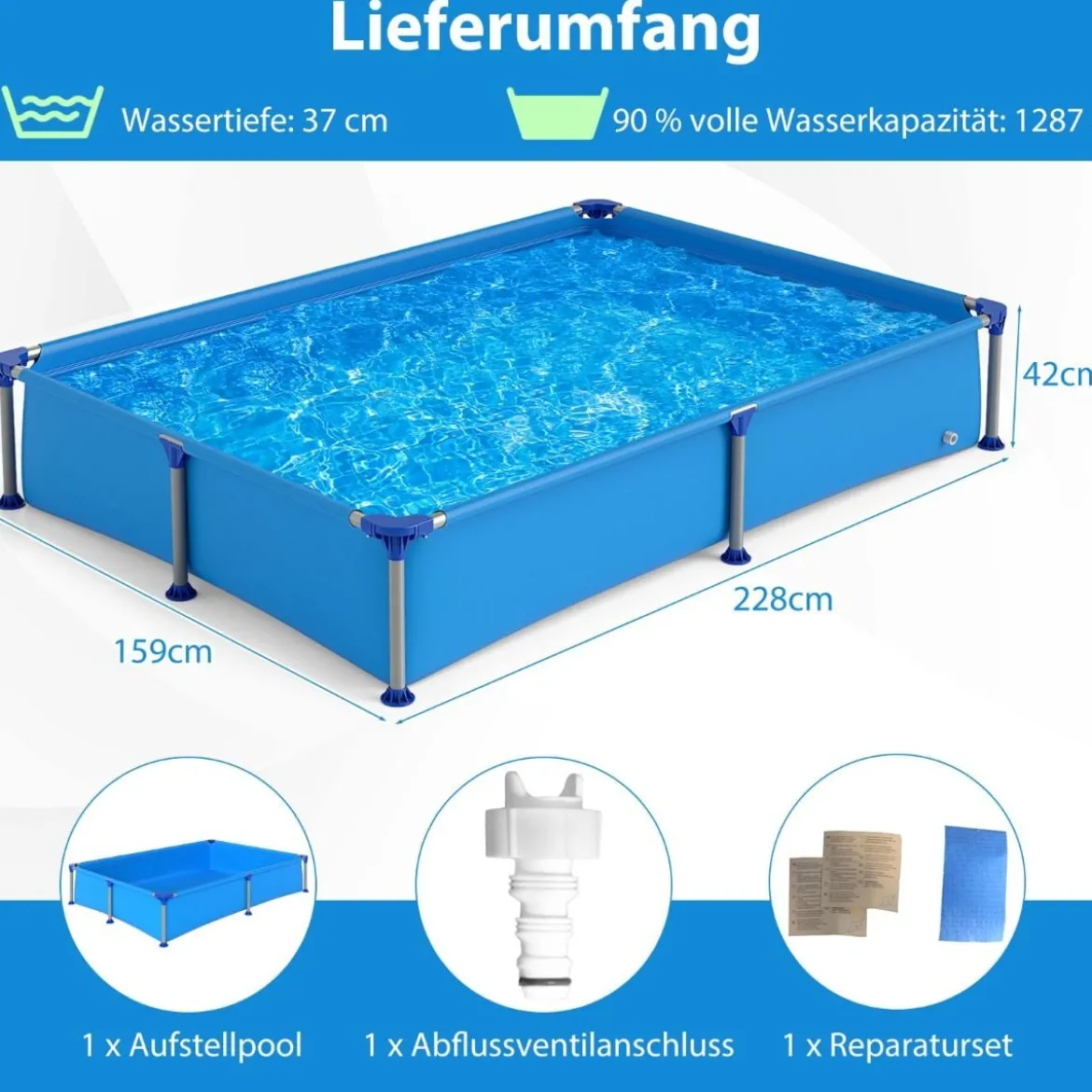 Aufstellpool Rechteckiger Outdoor-Pool für Kinder ab 3 Jahren mit Metallrahmen für Hof 228 M x 159 M x 42 CM