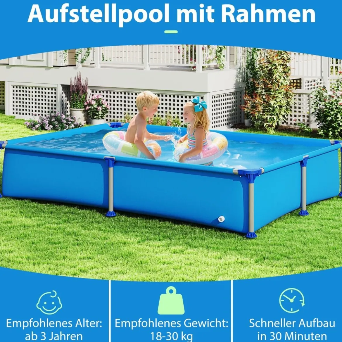 Aufstellpool Rechteckiger Outdoor-Pool für Kinder ab 3 Jahren mit Metallrahmen für Hof 228 M x 159 M x 42 CM