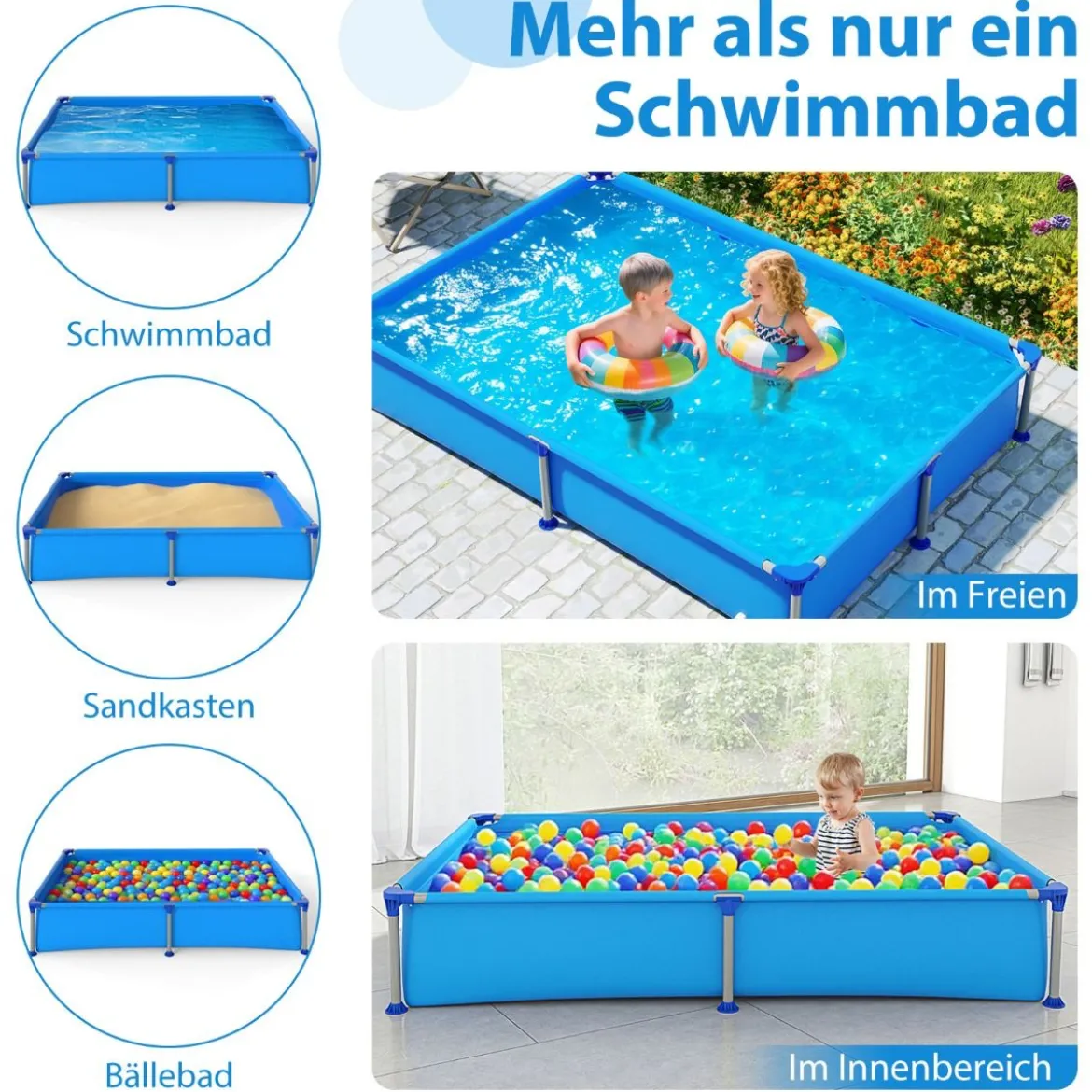 Aufstellpool Rechteckiger Outdoor-Pool für Kinder ab 3 Jahren mit Metallrahmen für Hof 228 M x 159 M x 42 CM