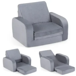 Ausklappbare Kindercouch 3-in-1 Kindersofa mit ultraweichem Kristallvelours & elastischem Materia Grau