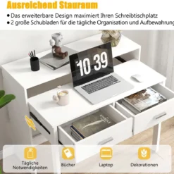 Ausziehbarer Schreibtisch mit 2 Schubladen Kleiner Computertisch mit Monitorablage und Rollen 100 x 39-68 x 85 cm Weiß