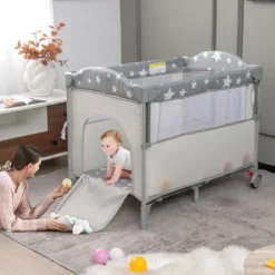 Baby-Begleitbett 5-in-1-Multifunktions-Babyspiele mit Matratze Beige
