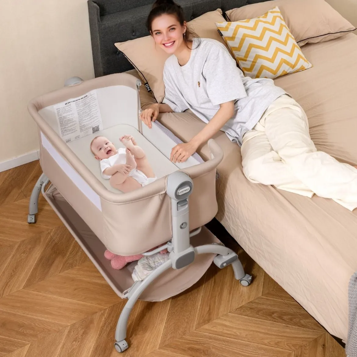 Baby Beistellbett Babybett mit 7-facher Höhenverstellung feststellbaren Rollen Grau/Beige