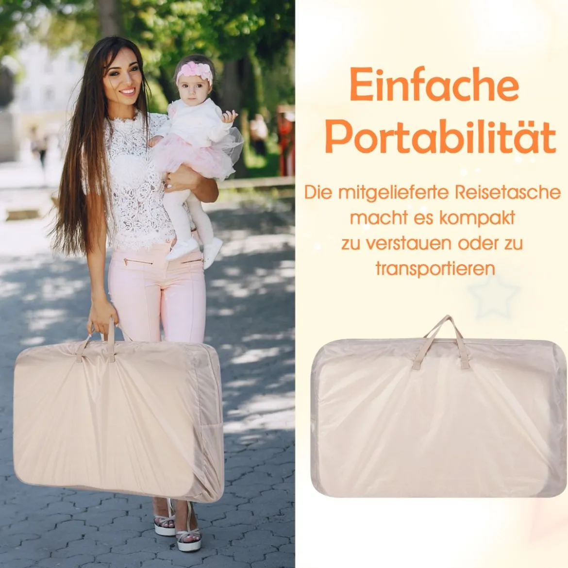 Baby Beistellbett Babybett mit 7-facher Höhenverstellung feststellbaren Rollen Grau/Beige