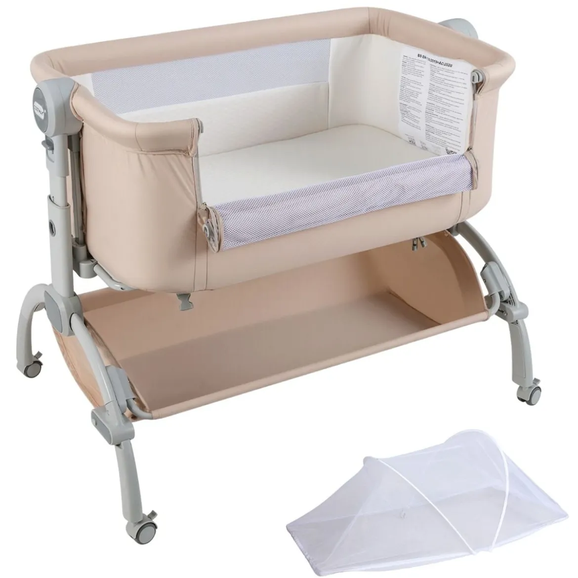 Baby Beistellbett Babybett mit 7-facher Höhenverstellung feststellbaren Rollen Grau/Beige