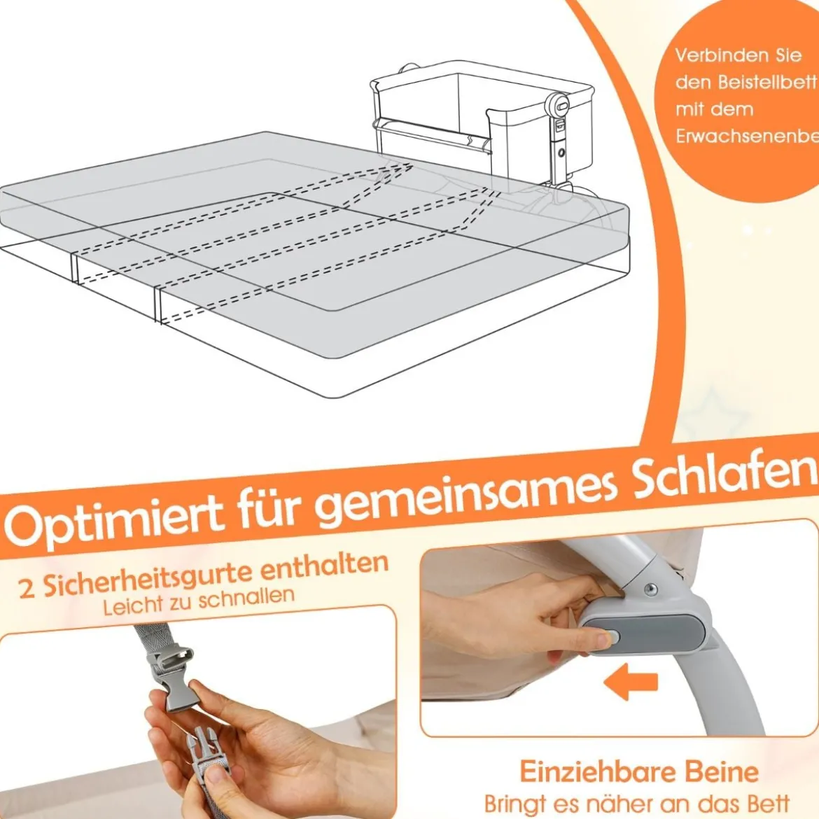 Baby Beistellbett Babybett mit 7-facher Höhenverstellung feststellbaren Rollen Grau/Beige