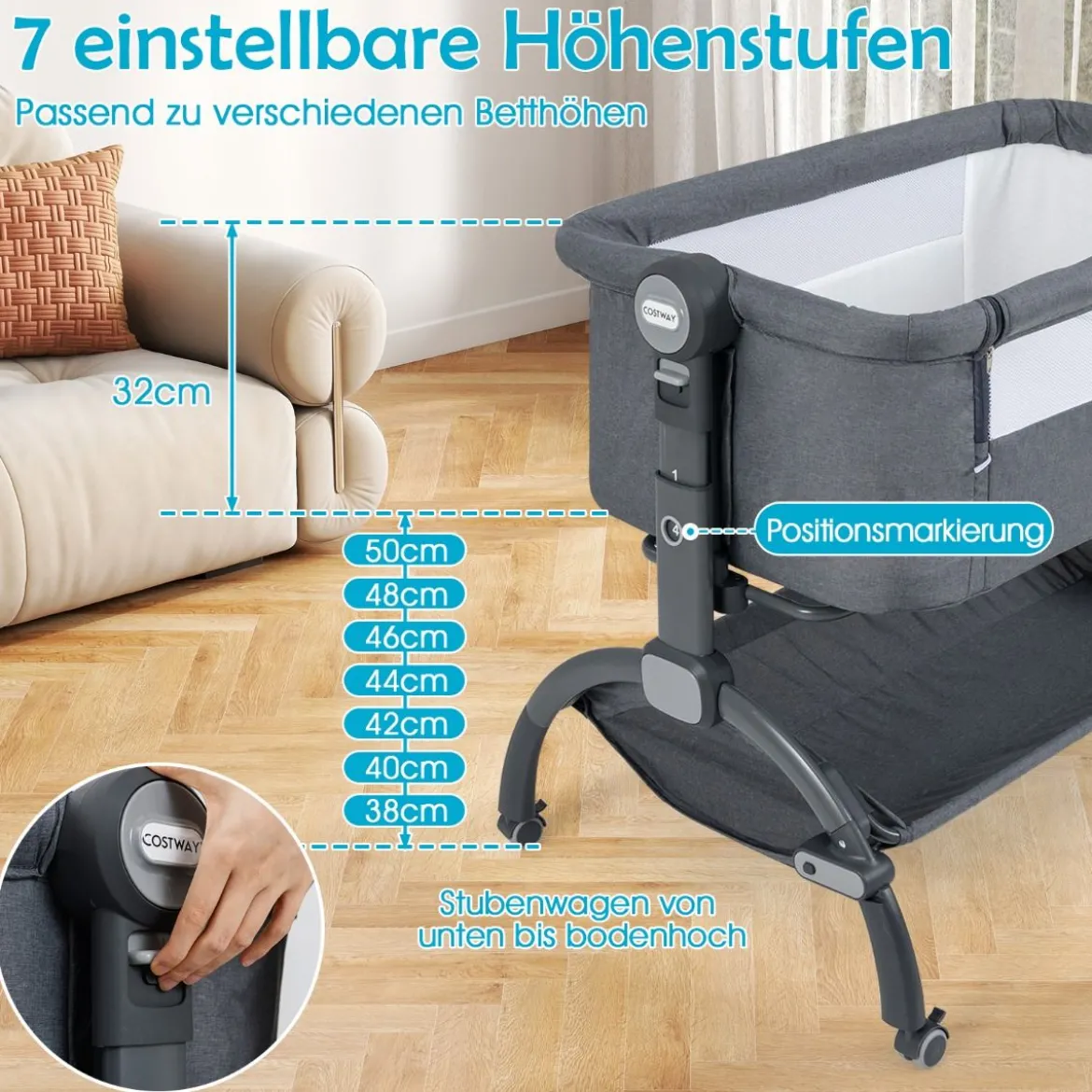 Baby Beistellbett Babybett mit 7-facher Höhenverstellung feststellbaren Rollen Grau/Beige