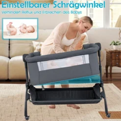 Baby Beistellbett Babybett mit 7-facher Höhenverstellung feststellbaren Rollen Grau/Beige