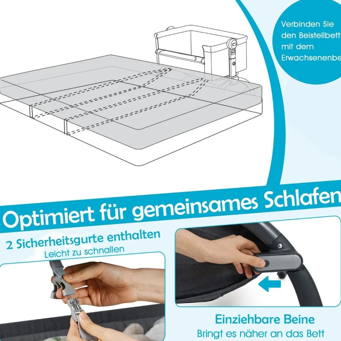 Baby Beistellbett Babybett mit 7-facher Höhenverstellung feststellbaren Rollen Grau/Beige
