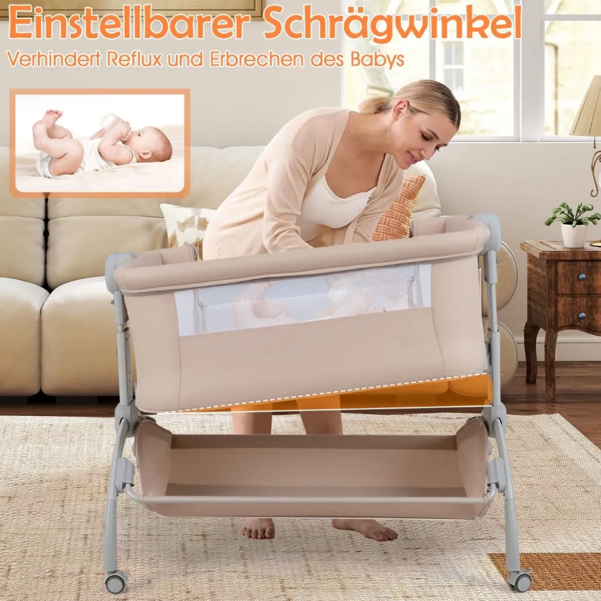 Baby Beistellbett Babybett mit 7-facher Höhenverstellung feststellbaren Rollen Grau/Beige