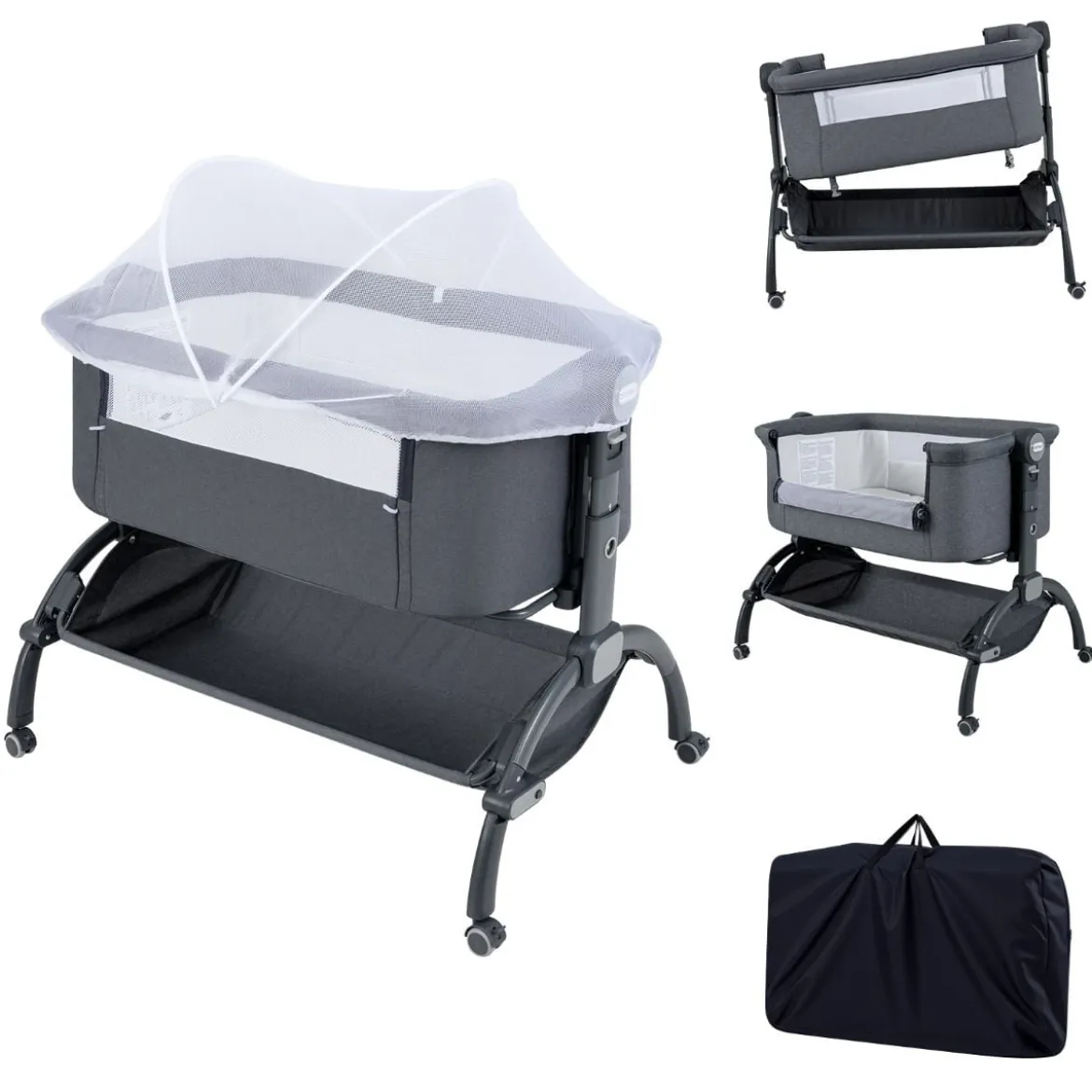 Baby Beistellbett Babybett mit 7-facher Höhenverstellung feststellbaren Rollen Grau/Beige