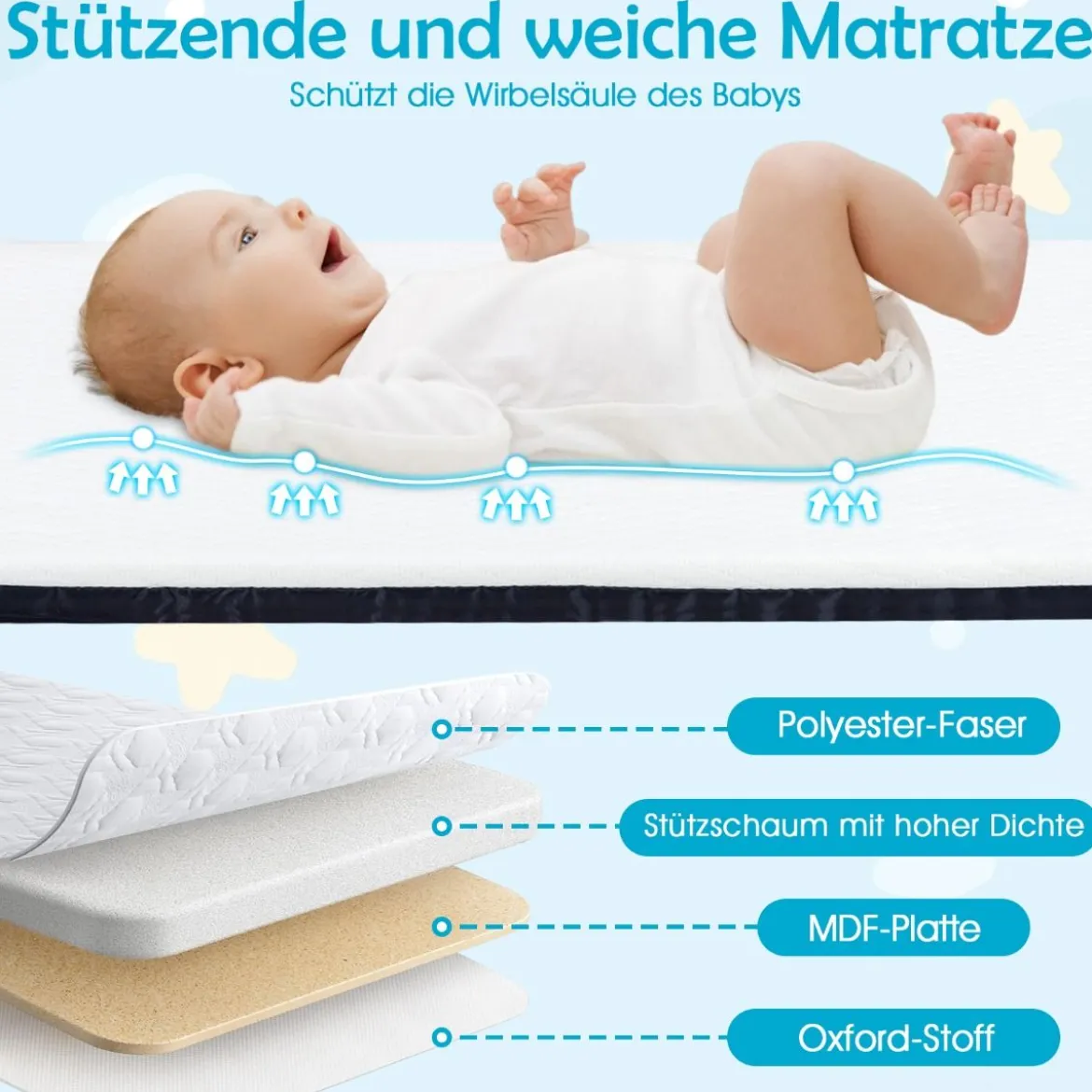 Baby Beistellbett Babybett mit 7-facher Höhenverstellung feststellbaren Rollen Grau/Beige