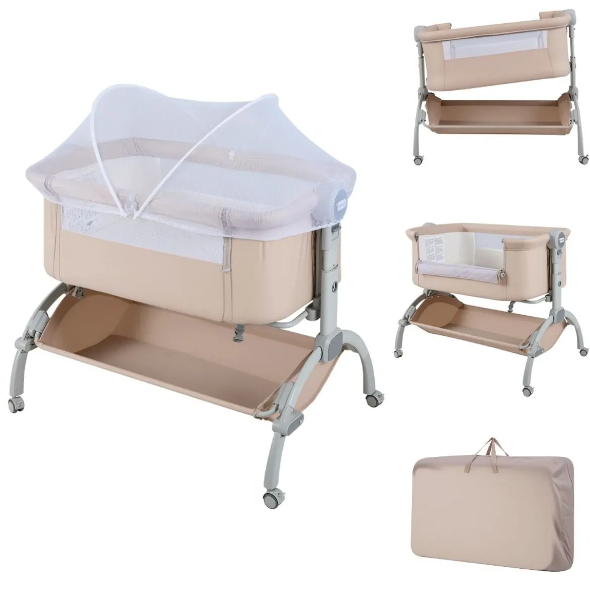 Baby Beistellbett Babybett mit 7-facher Höhenverstellung feststellbaren Rollen Grau/Beige
