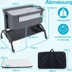 Baby Beistellbett Babybett mit 7-facher Höhenverstellung feststellbaren Rollen Grau/Beige