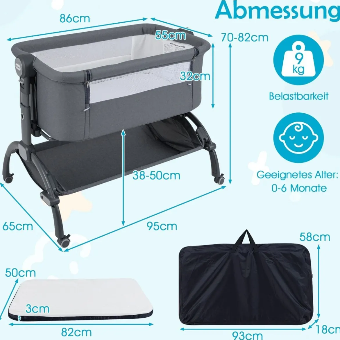 Baby Beistellbett Babybett mit 7-facher Höhenverstellung feststellbaren Rollen Grau/Beige