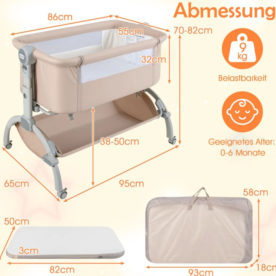 Baby Beistellbett Babybett mit 7-facher Höhenverstellung feststellbaren Rollen Grau/Beige