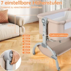 Baby Beistellbett Babybett mit 7-facher Höhenverstellung feststellbaren Rollen Grau/Beige