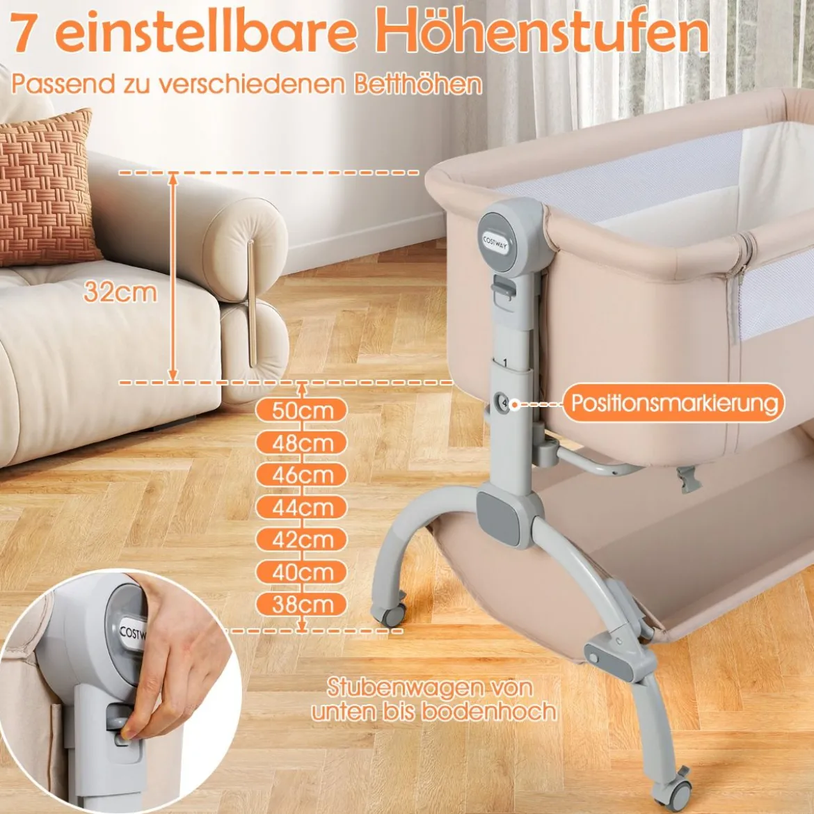 Baby Beistellbett Babybett mit 7-facher Höhenverstellung feststellbaren Rollen Grau/Beige