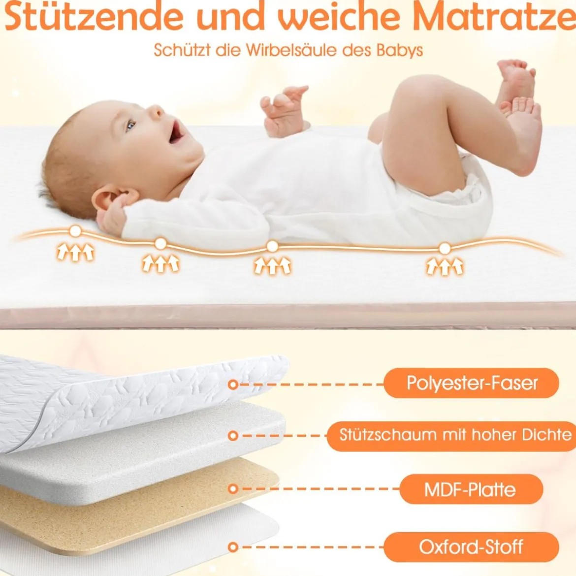 Baby Beistellbett Babybett mit 7-facher Höhenverstellung feststellbaren Rollen Grau/Beige