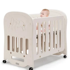 Babybett Babywiege mit Schaukelfunktion 2 Ebenen Reisebett auf Rollen bis 25kg Belastbar Beige