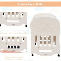 Babybett Babywiege mit Schaukelfunktion 2 Ebenen Reisebett auf Rollen bis 25kg Belastbar Beige