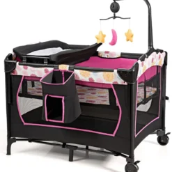 Babybett 4 in 1 Klappbares Reisebett & Beistellbett & Wickeltisch & Laufstall Schwarz+Rosa