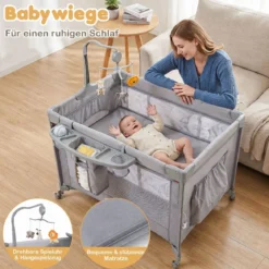Babybett Klappbar auf Rollen mit Bremse Beistellbett mit Matratze & Abnehmbarem Wickeltisch Grau