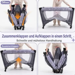 Babybett Klappbar Kinderreisebett auf Rollen mit Bremse Babywiege mit Abnehmbarem Wickeltisch Grau