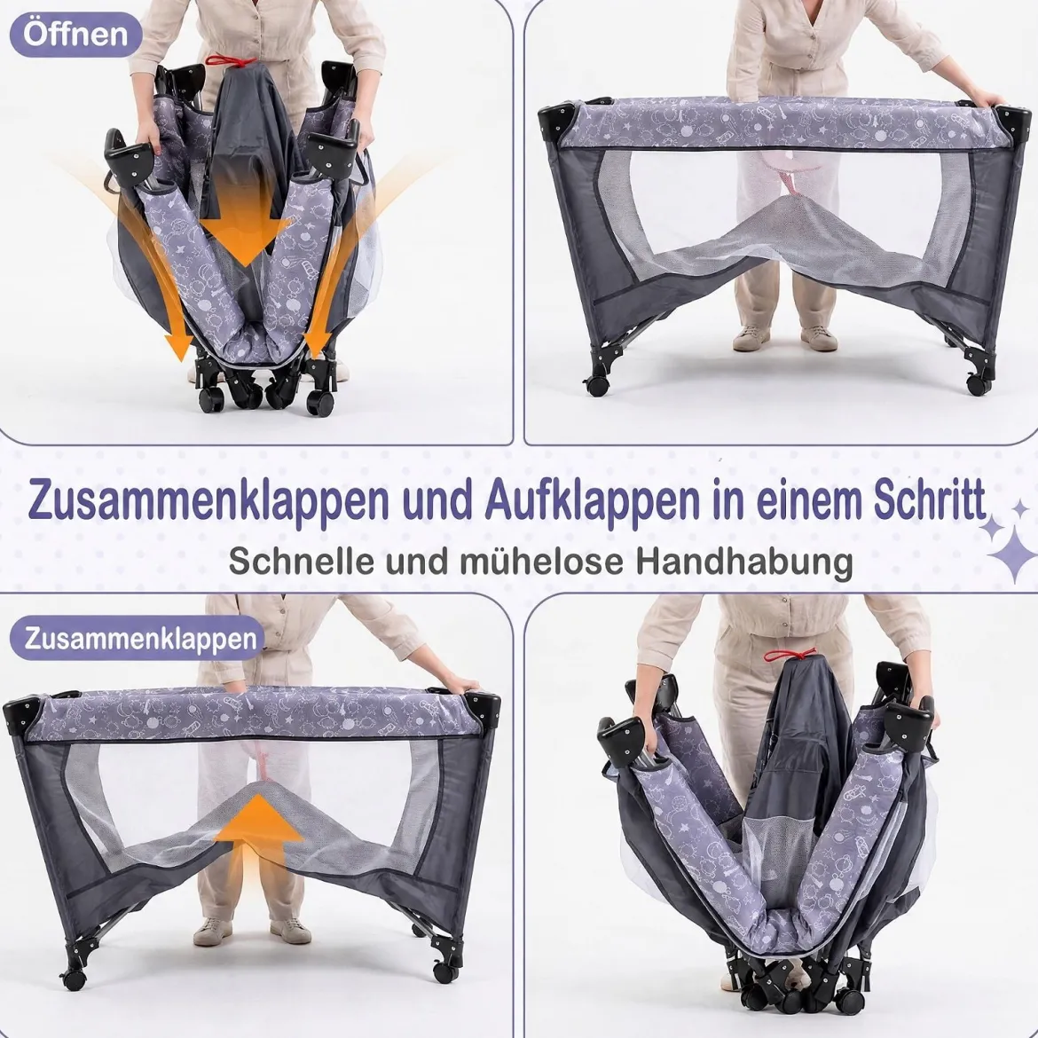 Babybett Klappbar Kinderreisebett auf Rollen mit Bremse Babywiege mit Abnehmbarem Wickeltisch Grau
